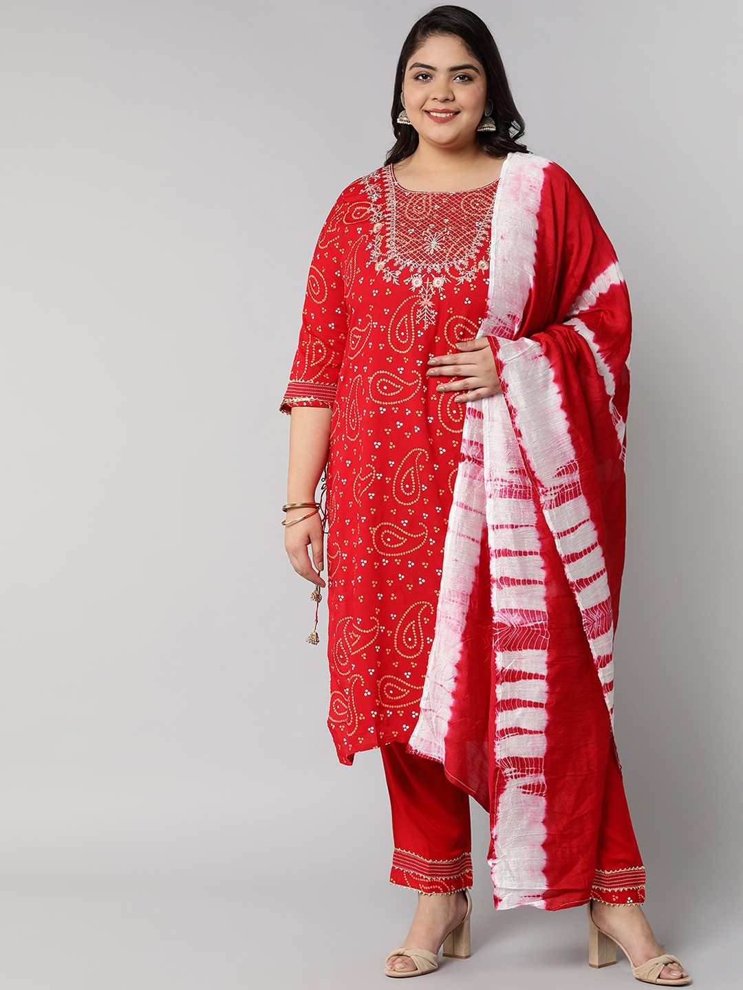 

Bani Women Red Paisley Printed Gotta Patti Liva Kurta With Trousers & Dupatta