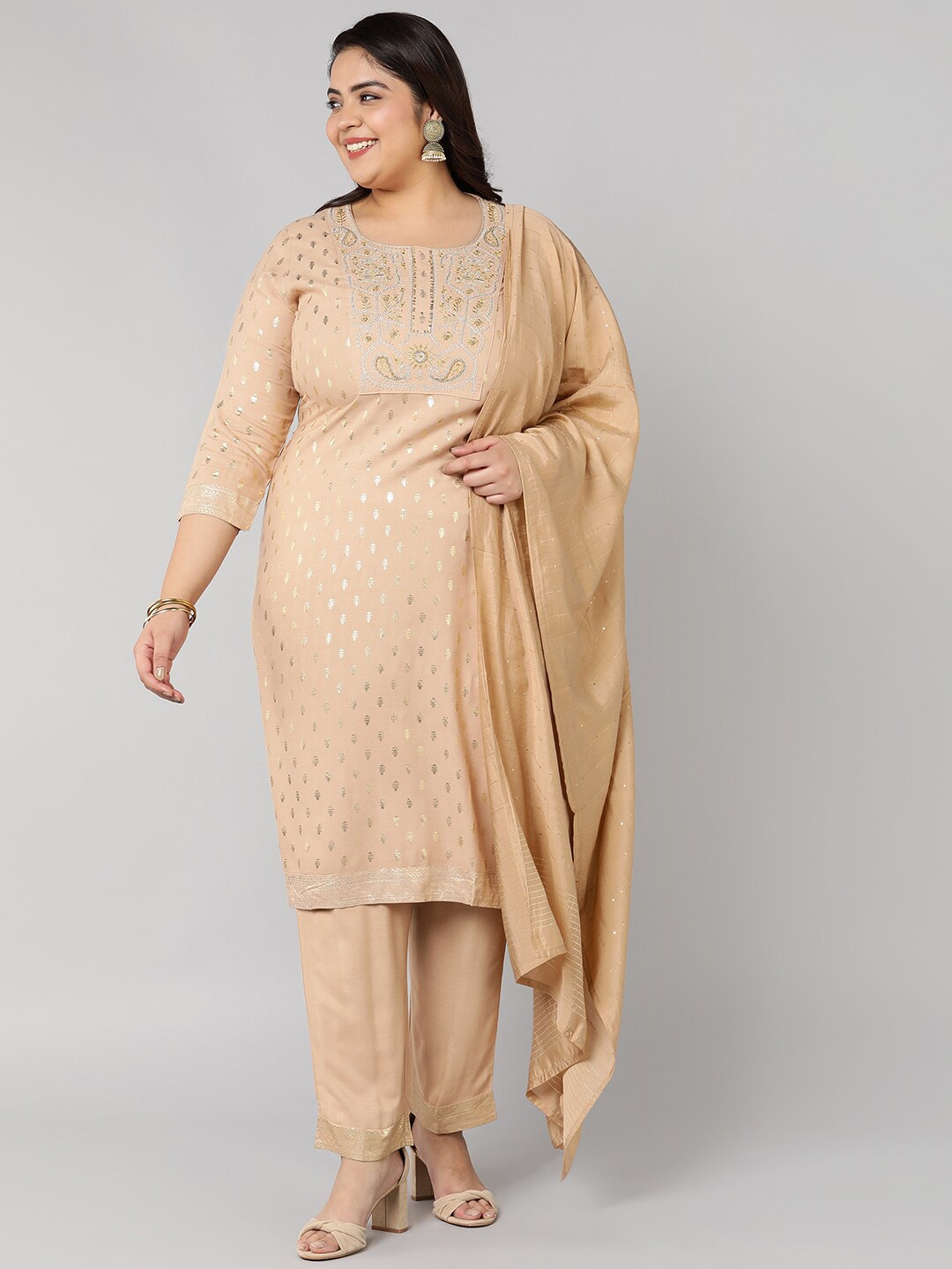 

Bani Women Plus Size Beige Embroidered Thread Work Liva Kurta with Trousers & With Dupatta