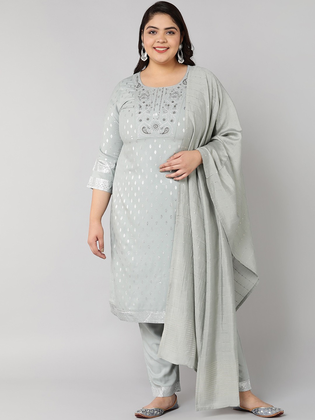 

Bani Plus Size Women Grey Ethnic Motifs Printed Liva Kurta with Trousers & With Dupatta