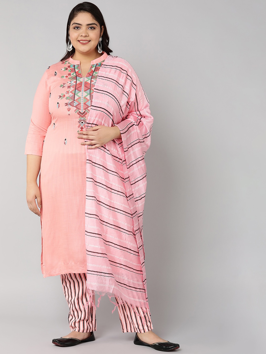 

Bani Women Peach-Coloured Floral Embroidered Thread Work Liva Kurta with Trousers