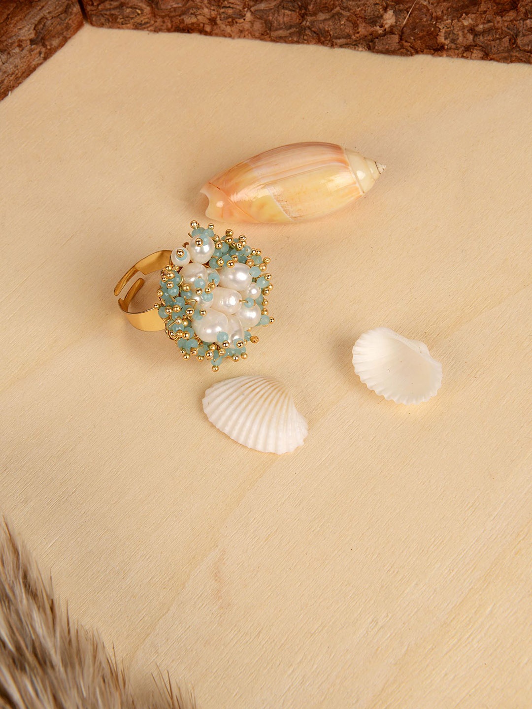 

D'oro Women Sea Green & White Pearl Ring, Blue