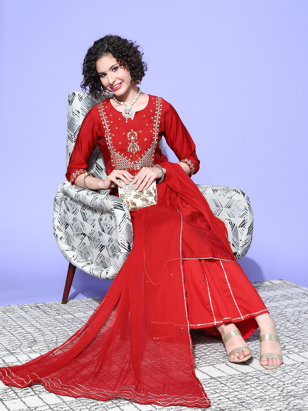 

ZOLA Women Ethnic Motifs Polyester Ethereal Embroidery Kurta Set, Red