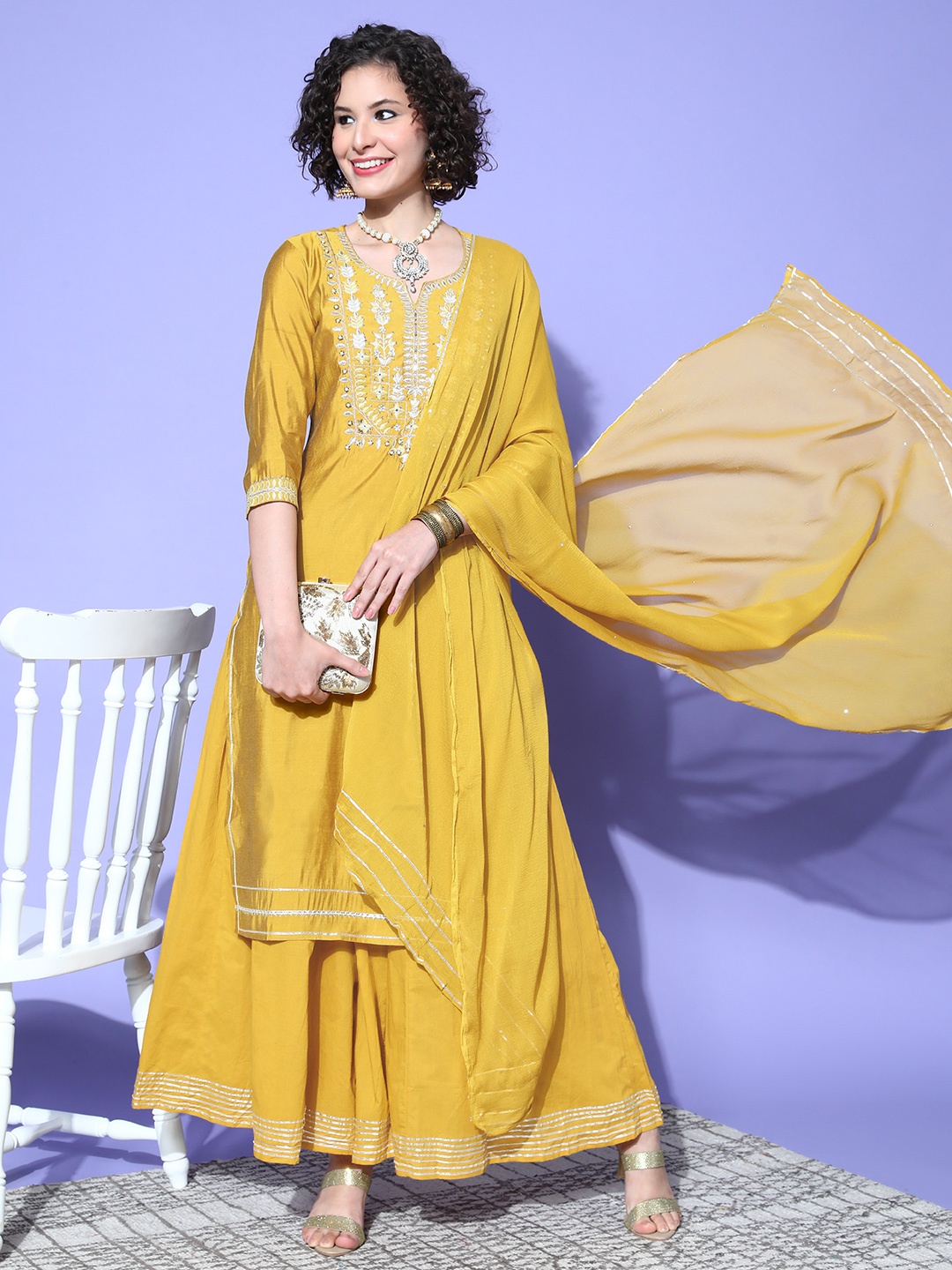 

ZOLA Women Ethnic Motifs Polyester Ethereal Embroidery Kurta Set, Yellow