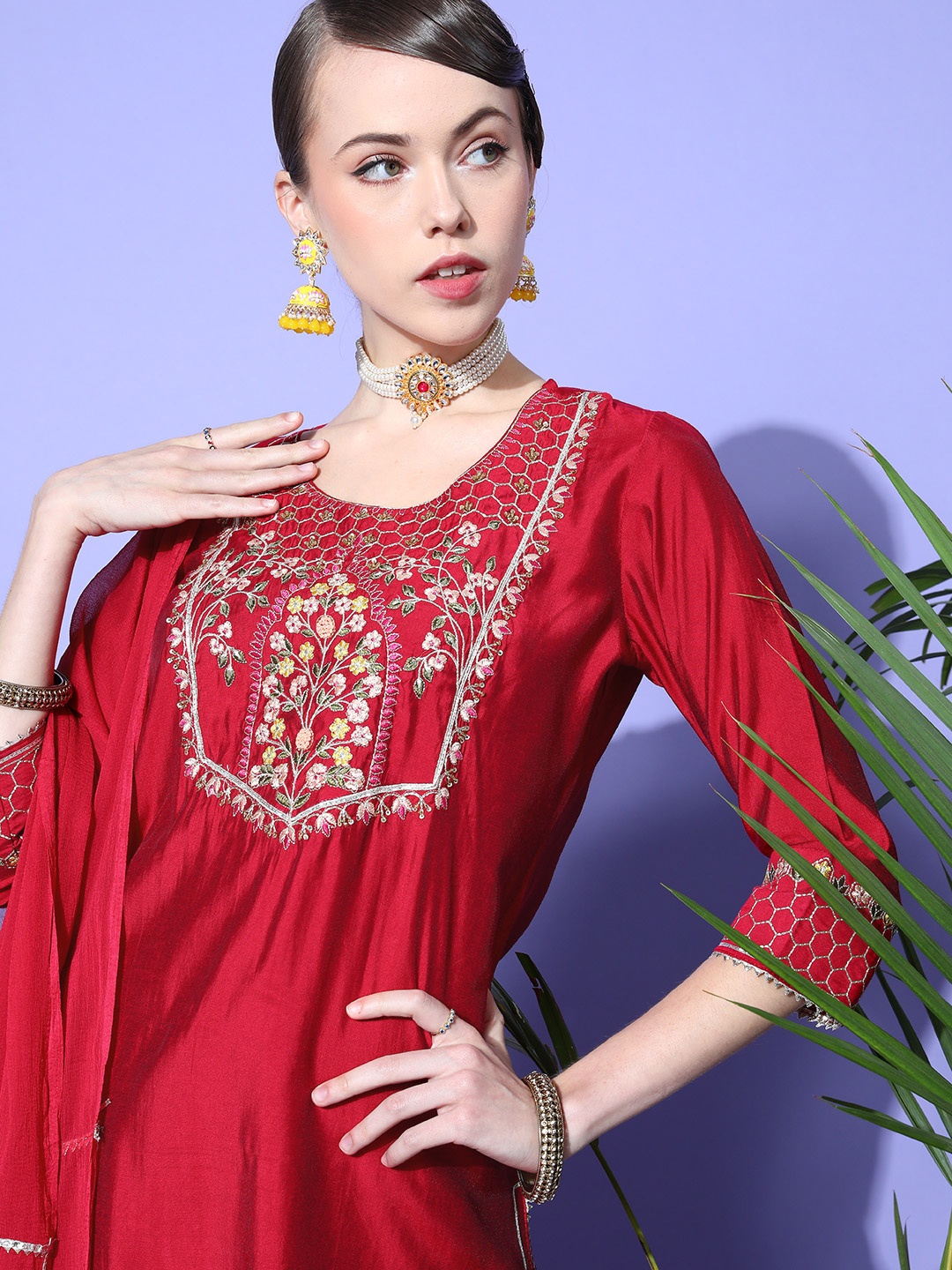 

ZOLA Women Ethnic Motifs Polyester Elevated Bottom Kurta Set, Red