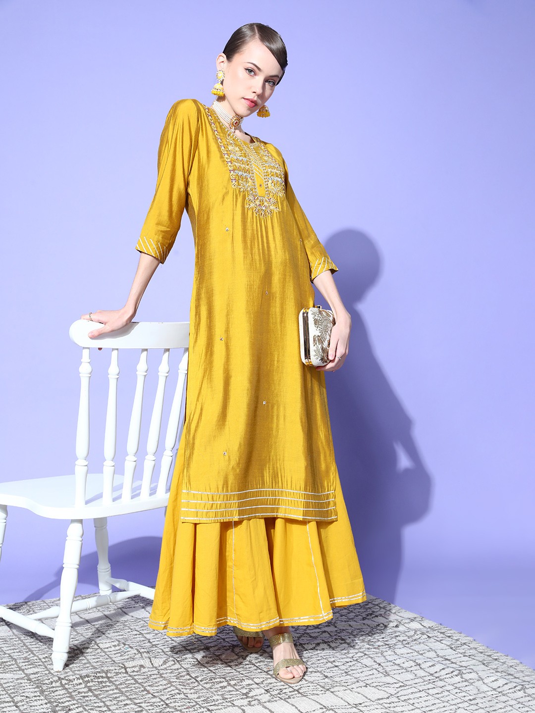 

ZOLA Women Ethnic Motifs Polyester Elevated Bottom Kurta Set, Yellow
