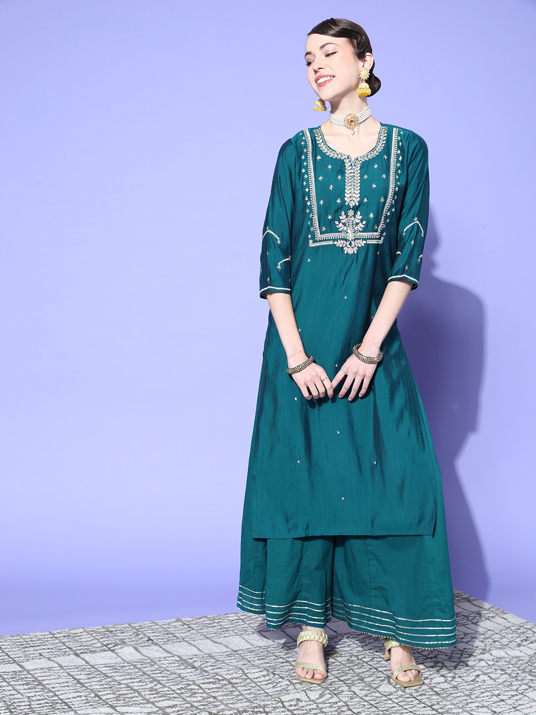 

ZOLA Women Ethnic Motifs Polyester Elevated Bottom Kurta Set, Teal