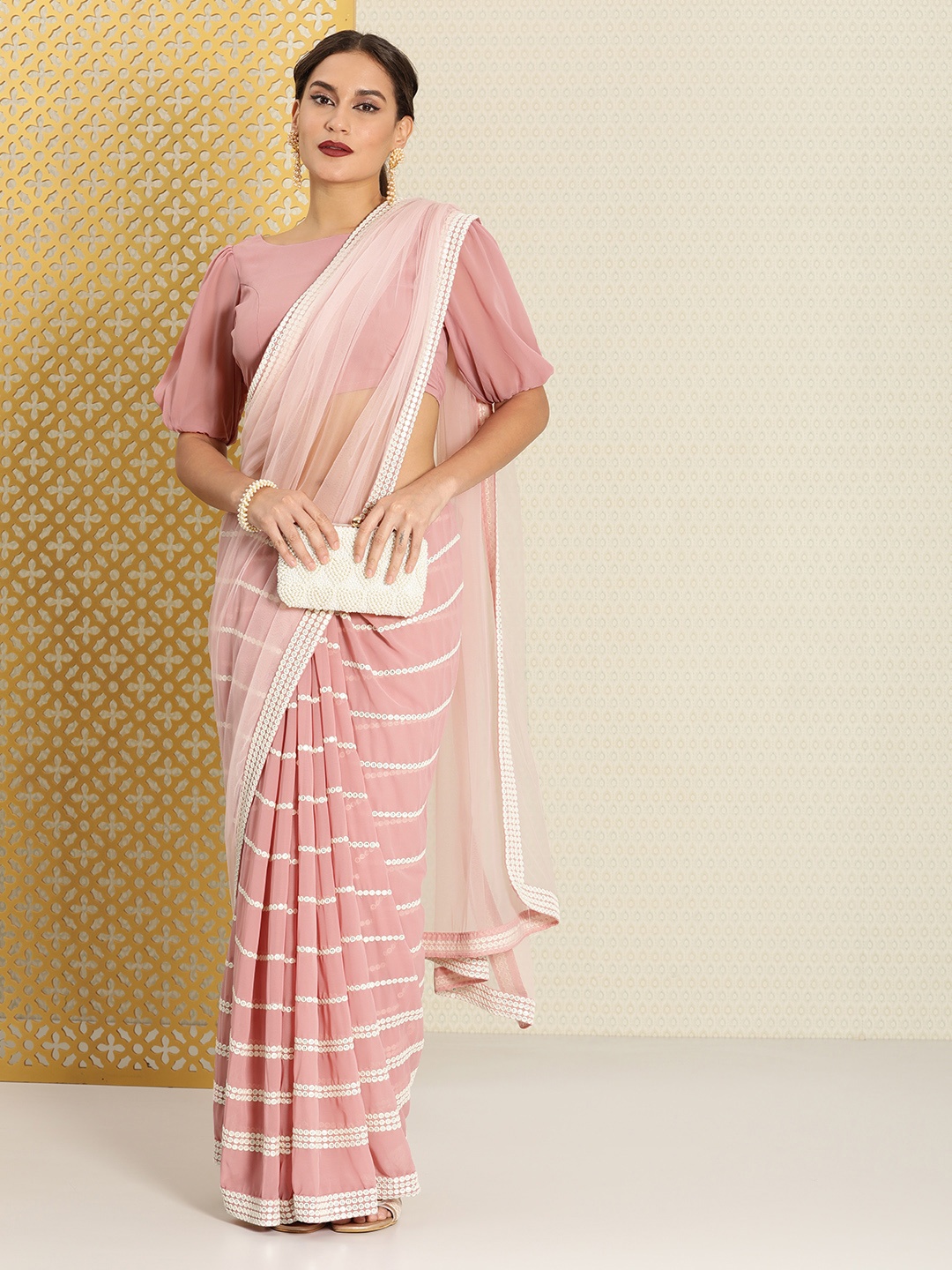 

House of Pataudi Pink Striped Mirror Work Jashn Saree