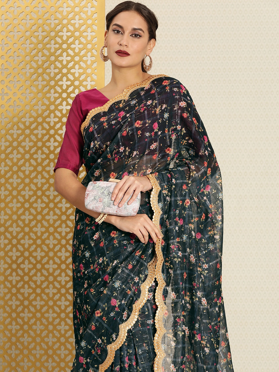 

House of Pataudi Teal Green & Pink Floral Print Zari Jashn Saree