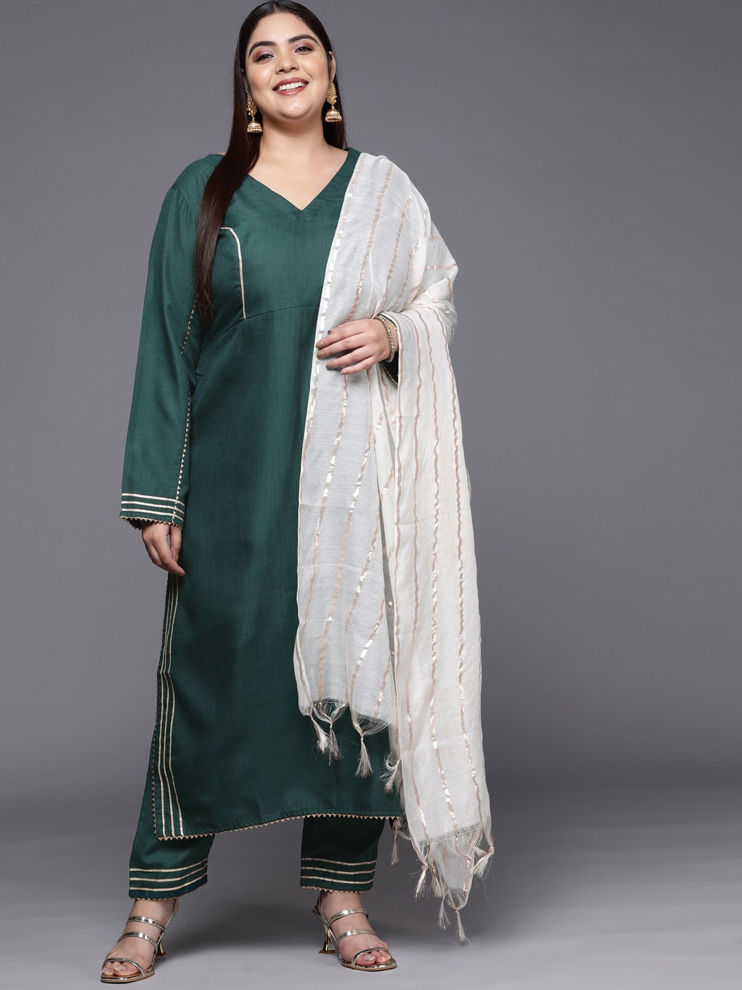 

INDDUS PLUS Women Plus Size Gotta Patti Kurta with Trousers & Dupatta, Green
