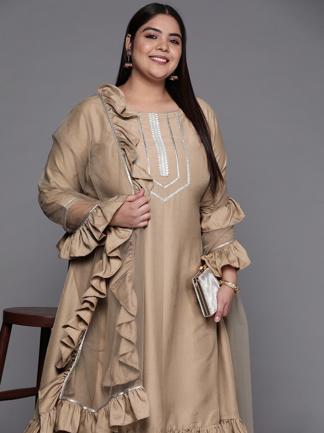

INDDUS PLUS Women Beige Gotta Patti Kurta with Trousers & With Dupatta