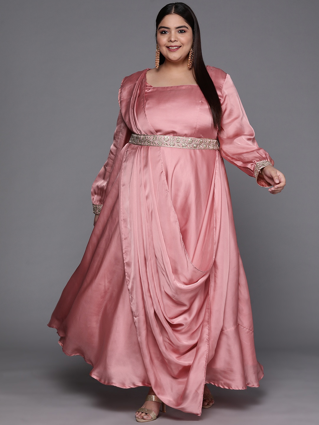 

INDDUS PLUS Pink Solid Satin Maxi Gown with Draped Dupatta