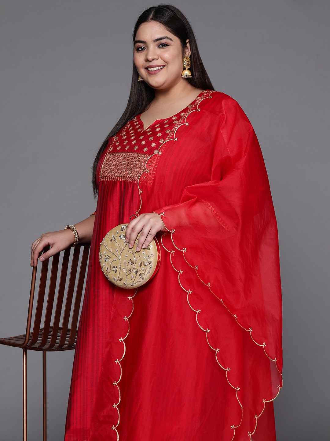 

INDDUS PLUS Women Red Embroidered Sequinned Kurta with Trousers & With Dupatta