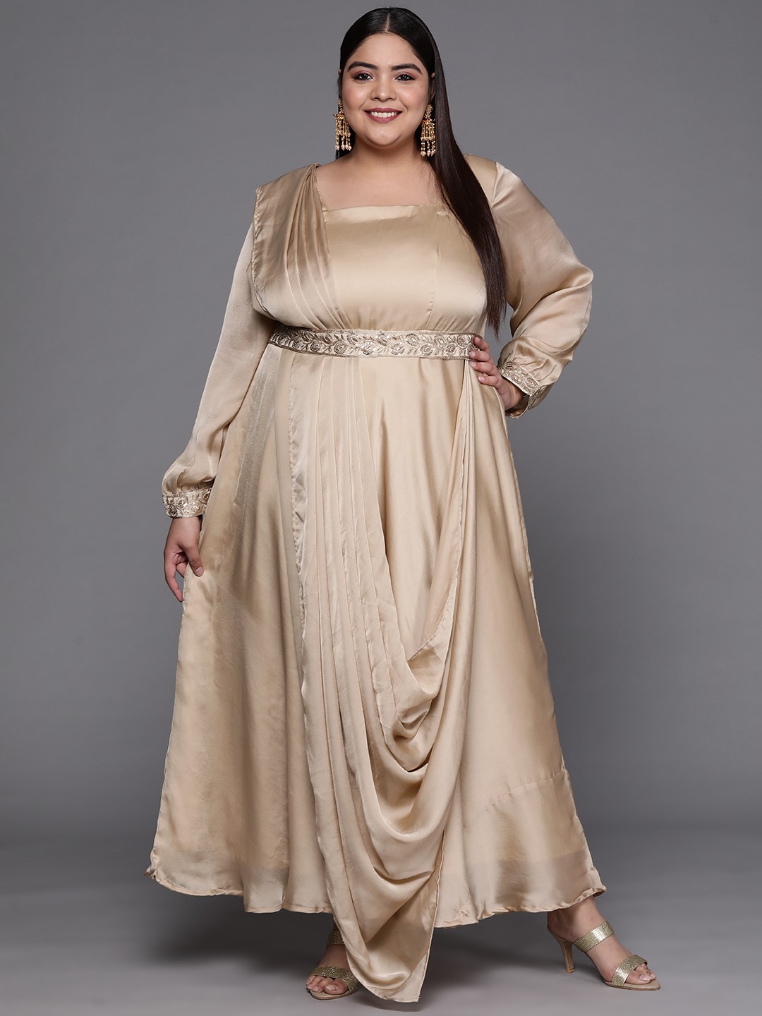 

INDDUS PLUS Beige Solid Satin Maxi Gown with Draped Dupatta
