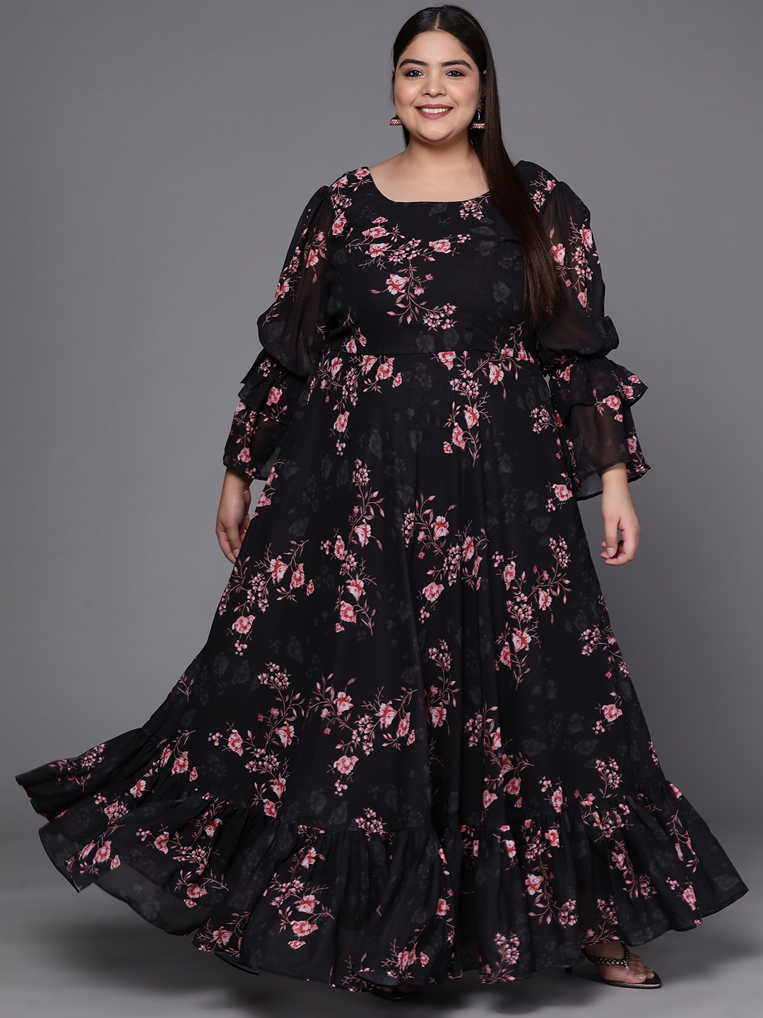 

INDDUS PLUS Black & Pink Floral Print Georgette Ethnic Maxi Dress