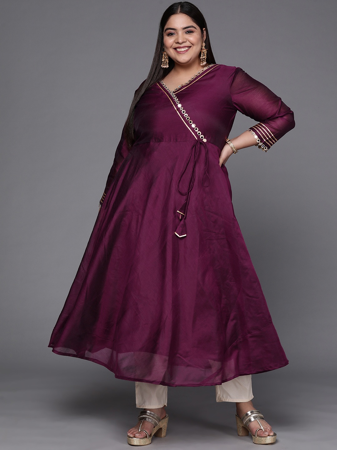 

INDDUS PLUS Women Purple Mirror Work Tie-Up Detail A-Line Kurta