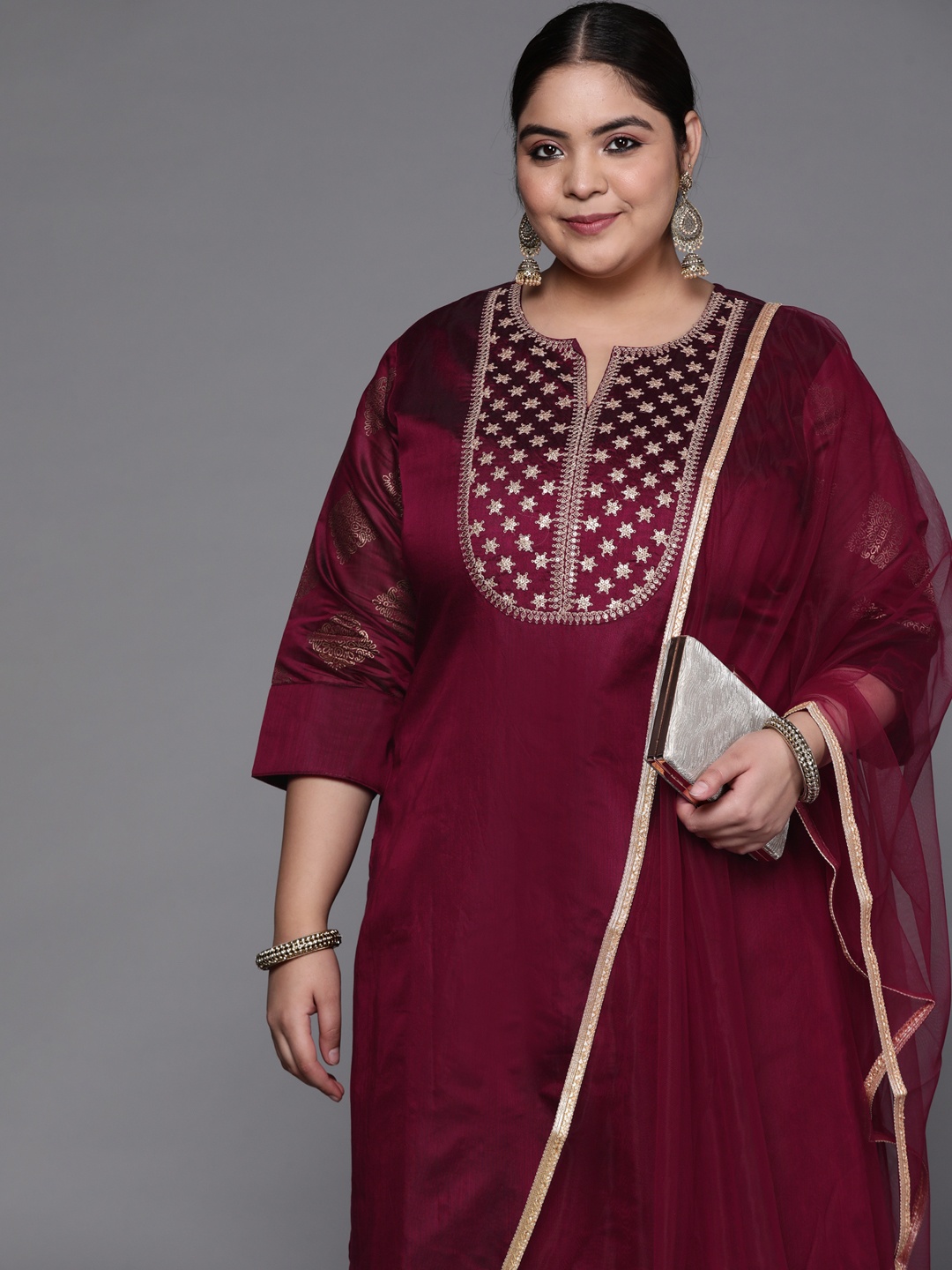 

INDDUS PLUS Women Maroon Ethnic Motifs Yoke Design Chanderi Cotton Kurta with Palazzos & With Dupatta