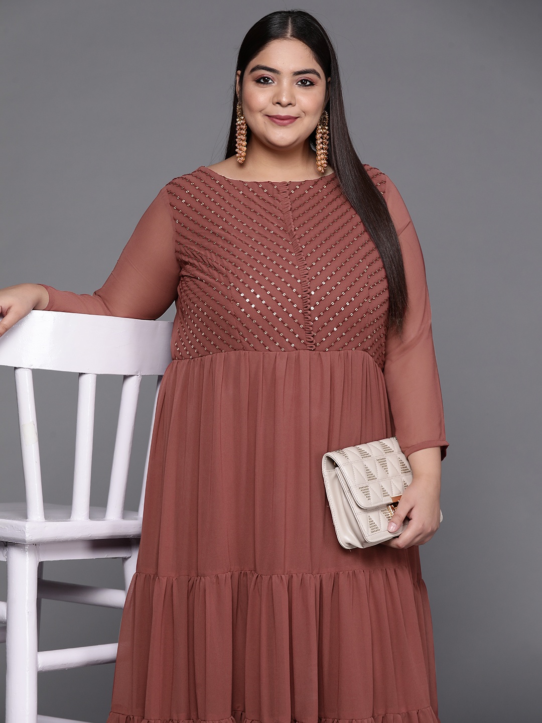 

INDDUS PLUS Rust Red Sequined Georgette Ethnic Tiered Maxi Dress