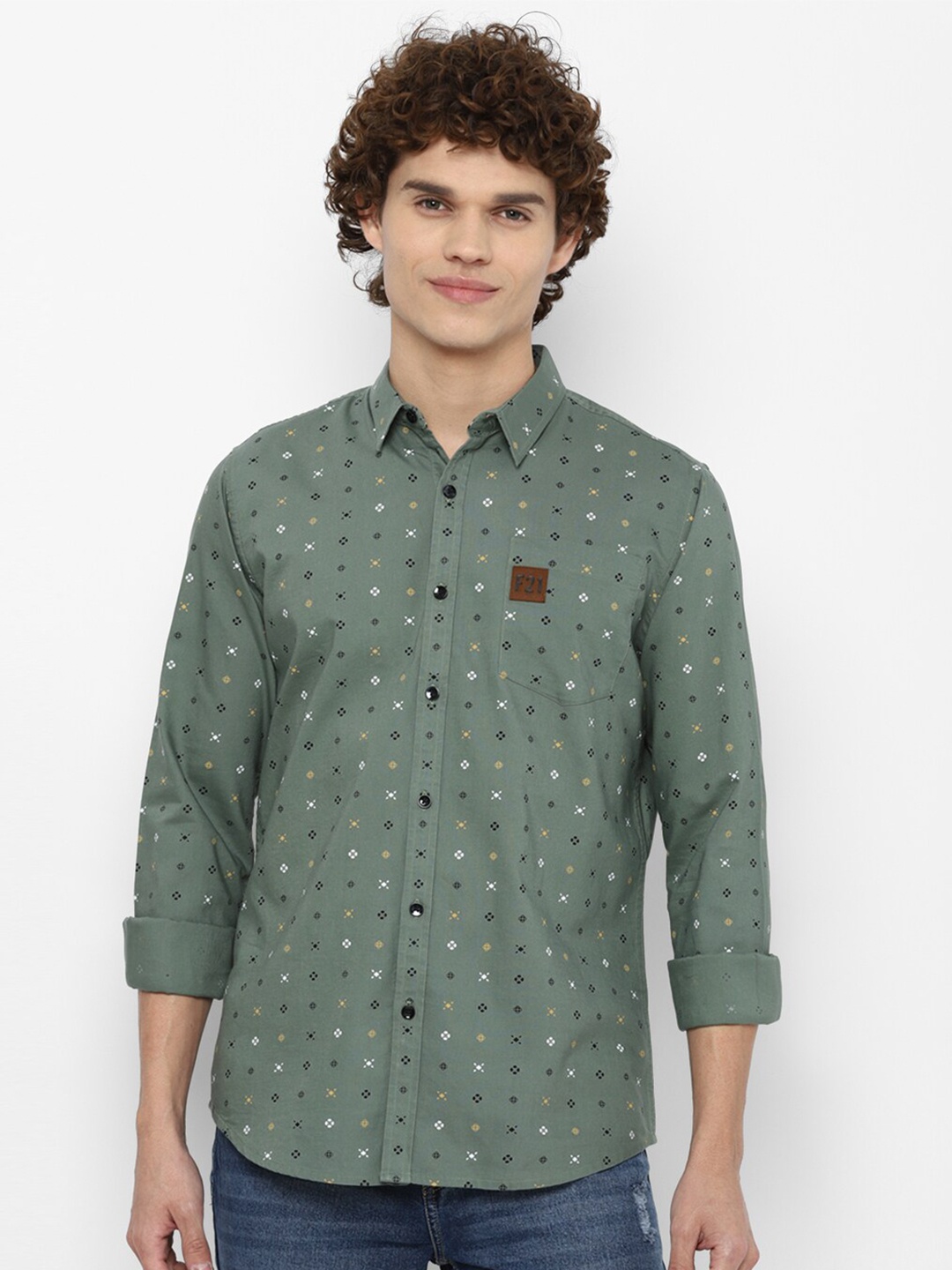 

FOREVER 21 Men Green Micro Ditsy Printed Casual Shirt