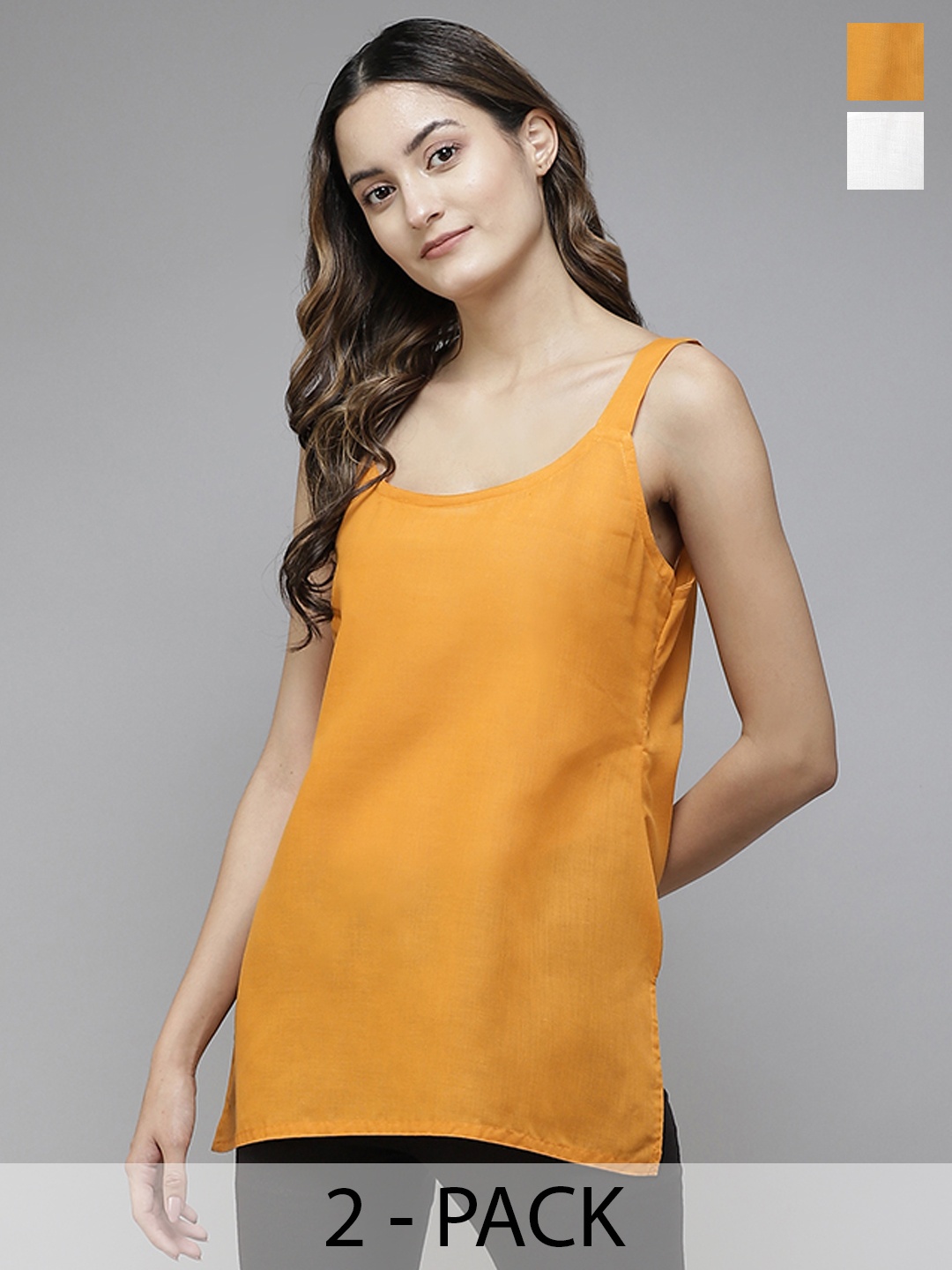 

ADA Women Mustard Yellow & White Pack of 2 Cotton Solid Short Camisoles