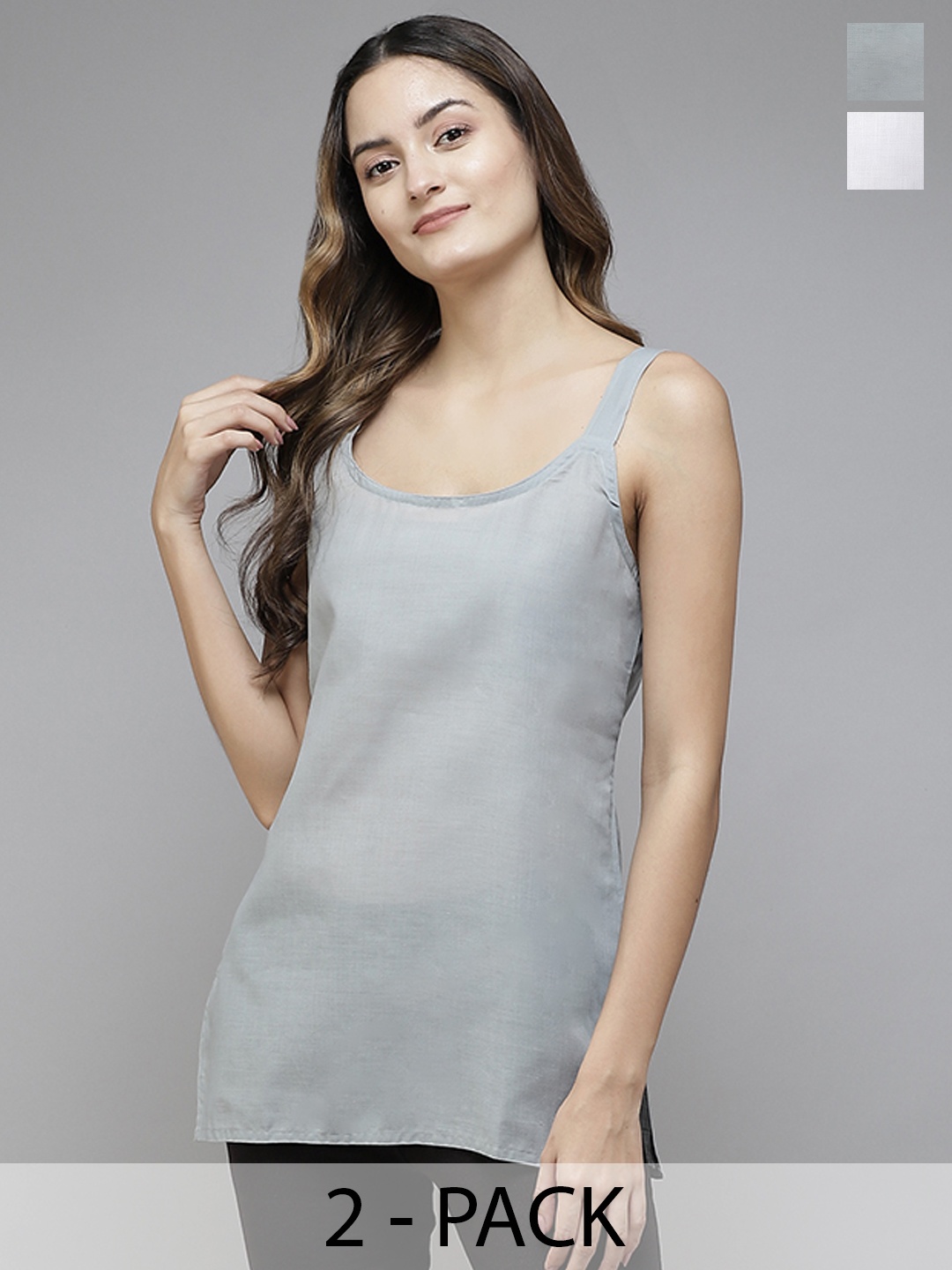 

ADA Women Grey & White Pack of 2 Cotton Solid ShortHandloom Camisoles