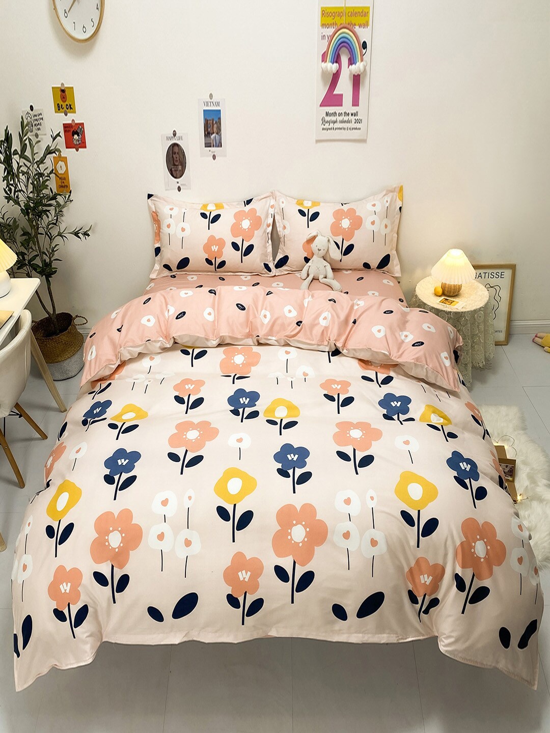 

JC Collection Peach Printed Double King Bedding Set