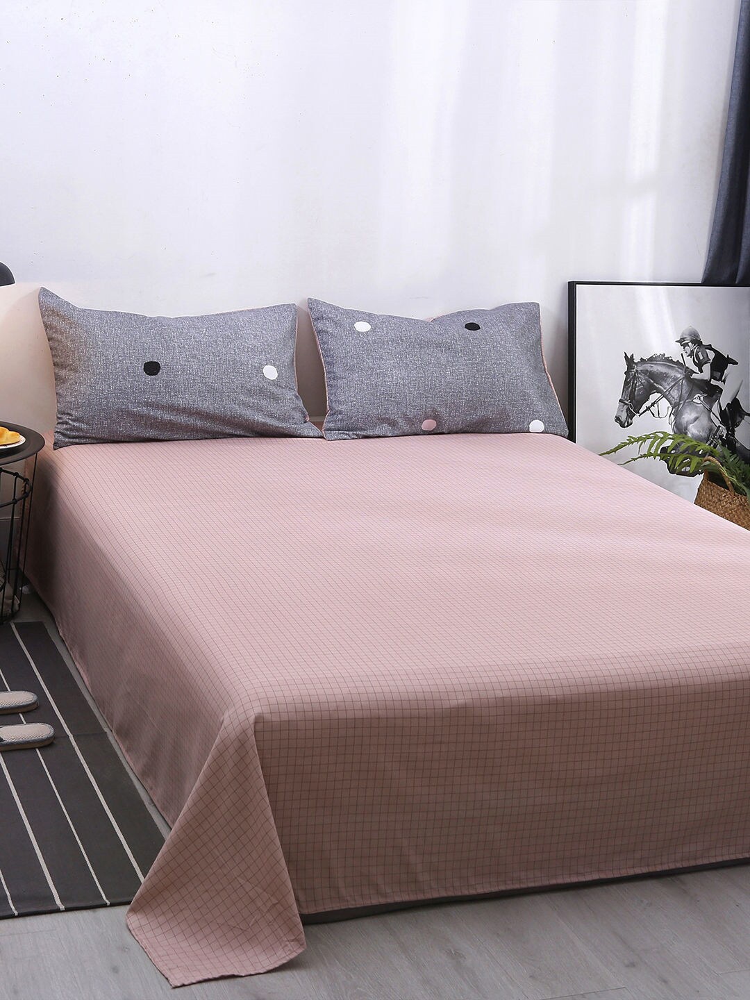 

JC Collection Grey & Pink Checked Double Queen Bedding Set