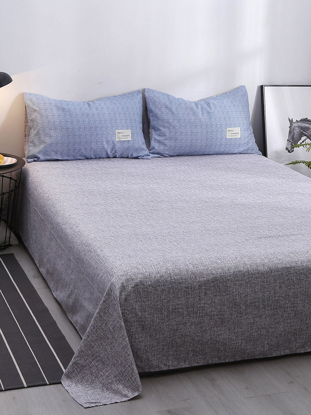 

JC Collection Blue & Grey Printed Double King Bed Cover With Pillow Covers