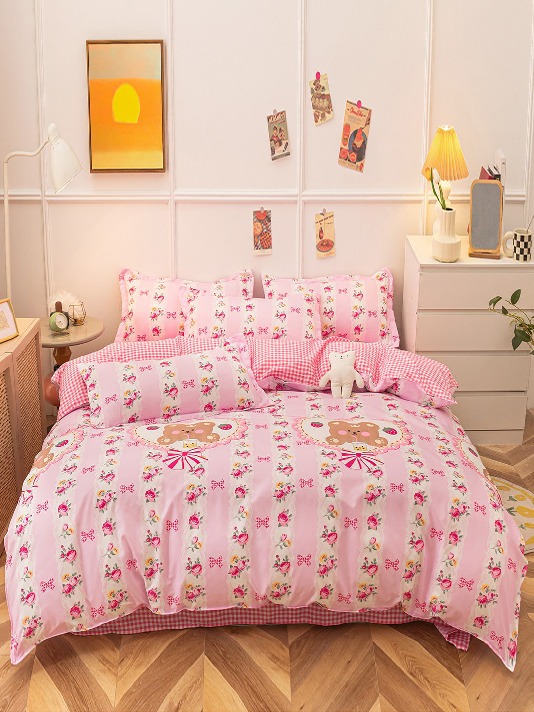

JC Collection Pink Floral Printed Single Bedsheet with 2 Pillow Covers & 1 Quilt Cover