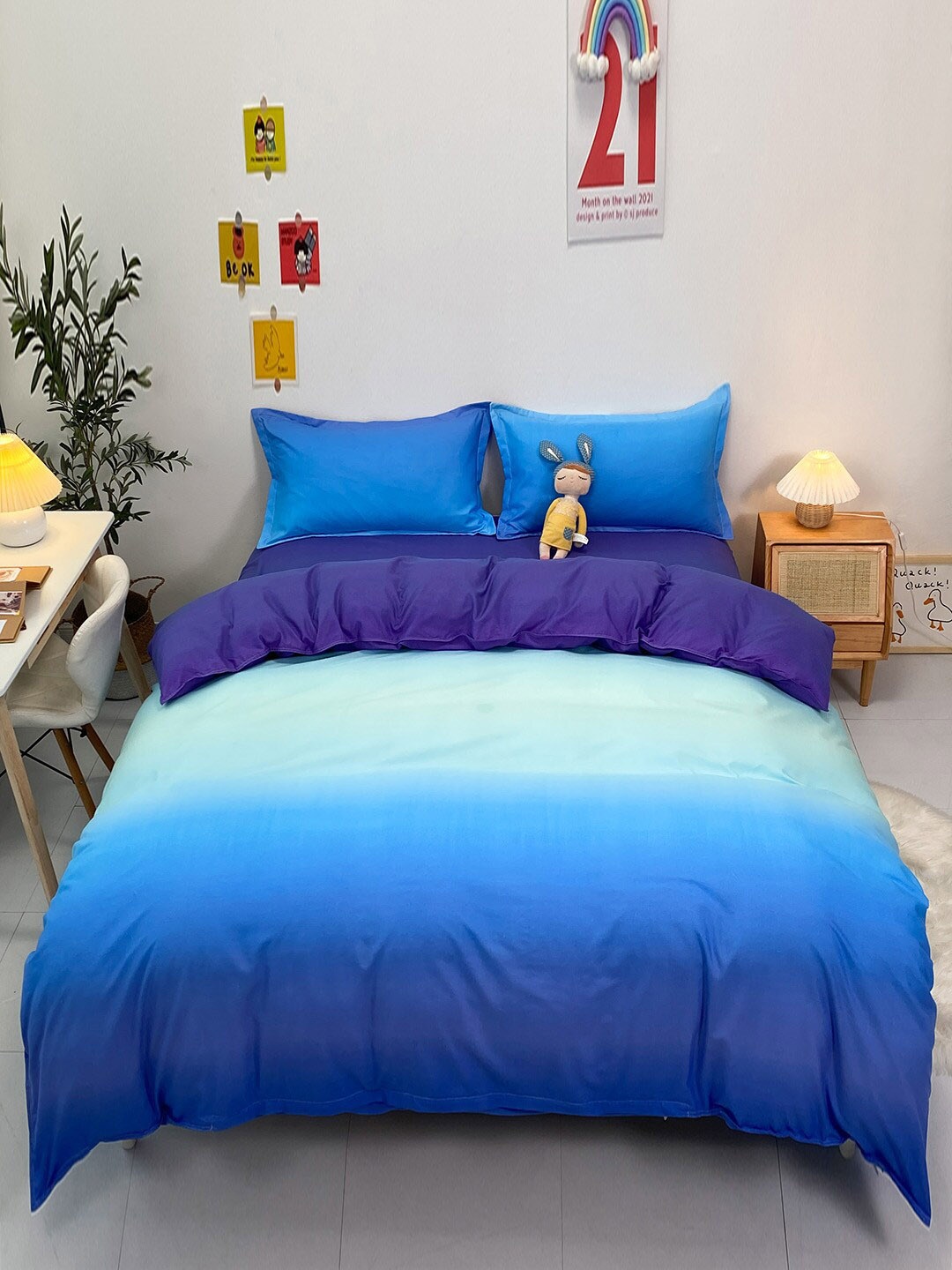 

JC HOME Blue Ombre Double King Bedding Set with 2 Pillow Covers & 1 Quilt Cover