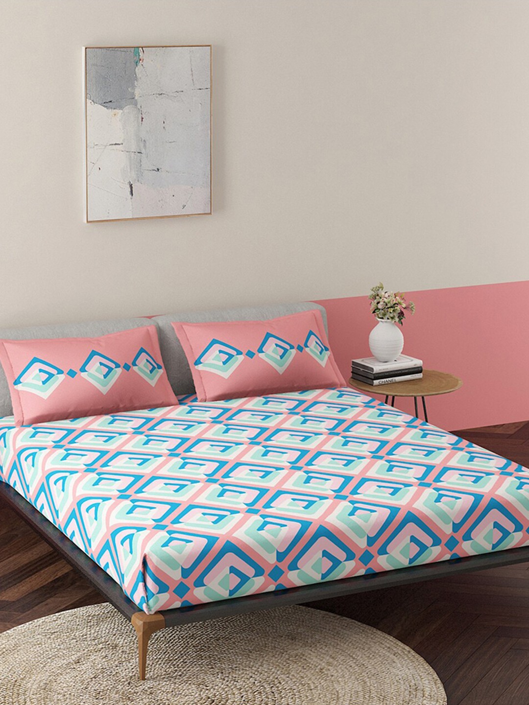 

Duroflex Pink & Coral Blue Printed 144 TC Cotton Queen Bedsheet with 2 Pillow Covers