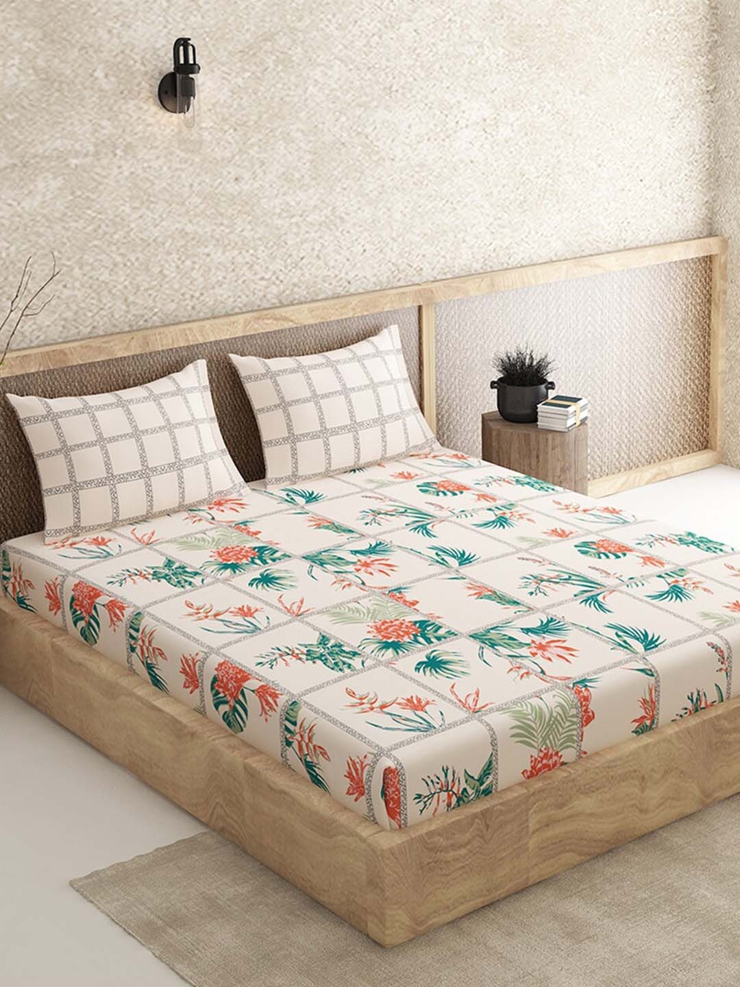 

Duroflex Cream-Coloured & Green 144 TC Cotton Queen Bedsheet with 2 Pillow Covers