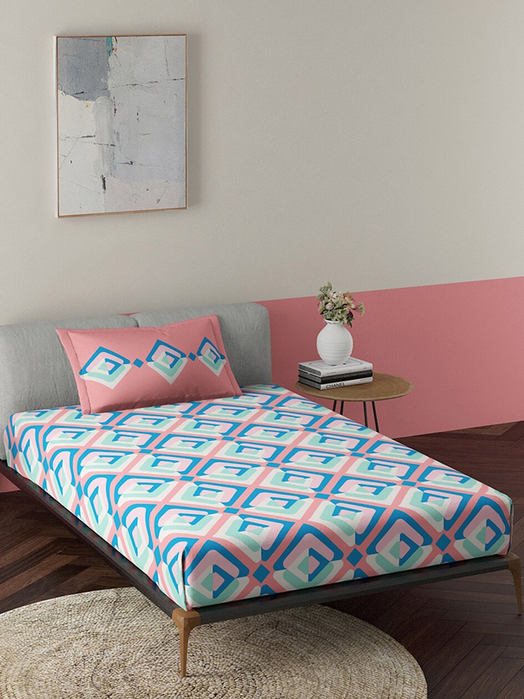 

Duroflex Pink & Green Geometric 144 TC Single Bedsheet with 1 Pillow Covers