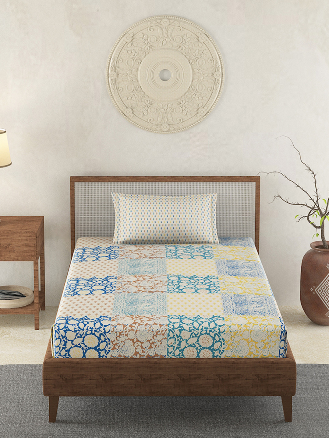 

Duroflex Blue & Yellow Ethnic Motifs 120 TC Cotton Single Bedsheet with 1 Pillow Cover