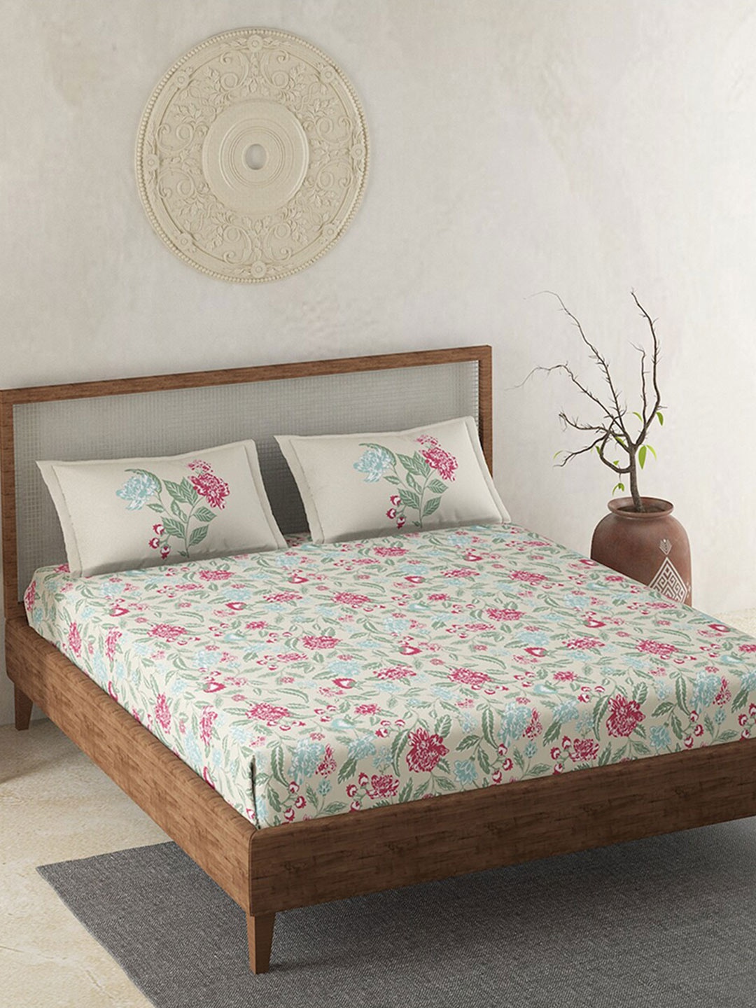 

Duroflex White & Red Floral 120 TC Cotton Queen Bedsheet with 2 Pillow Covers
