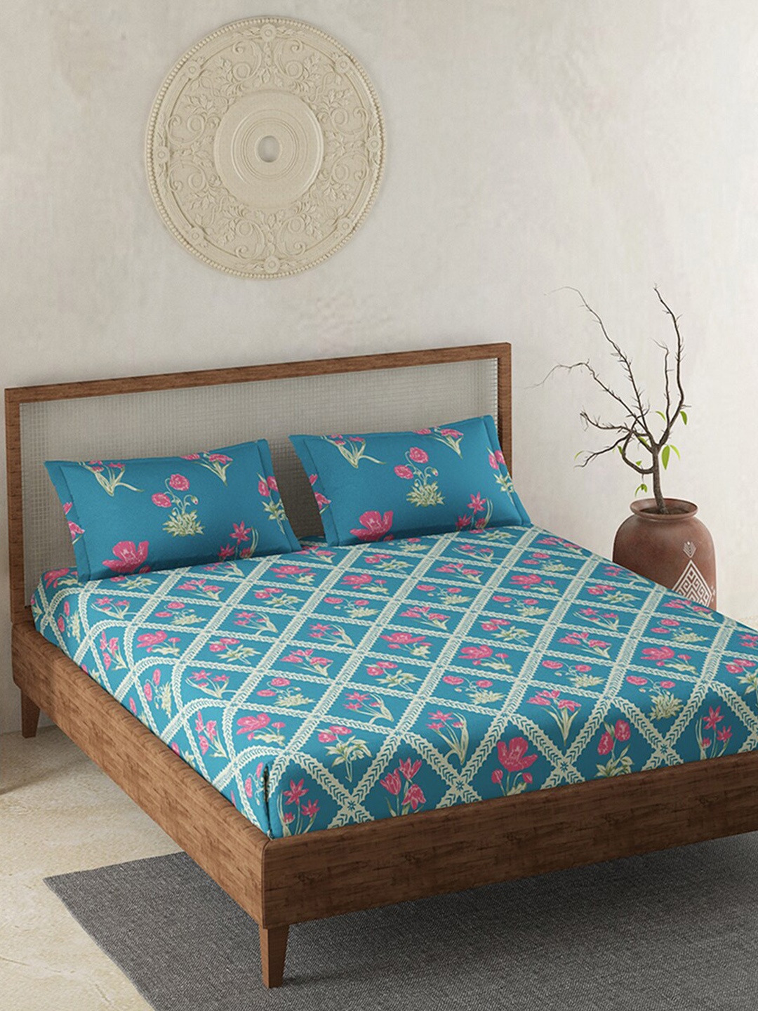 

Duroflex Blue & Pink Floral 120 TC Single Bedsheet with 1 Pillow Covers