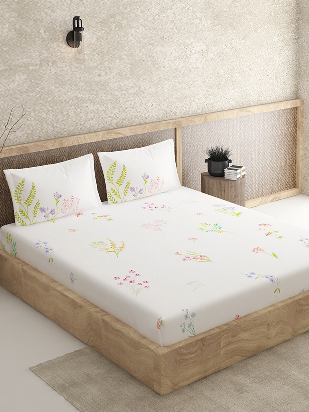 

Duroflex White & Green Floral 210 TC Pure Cotton Queen Bedsheet with 2 Pillow Covers