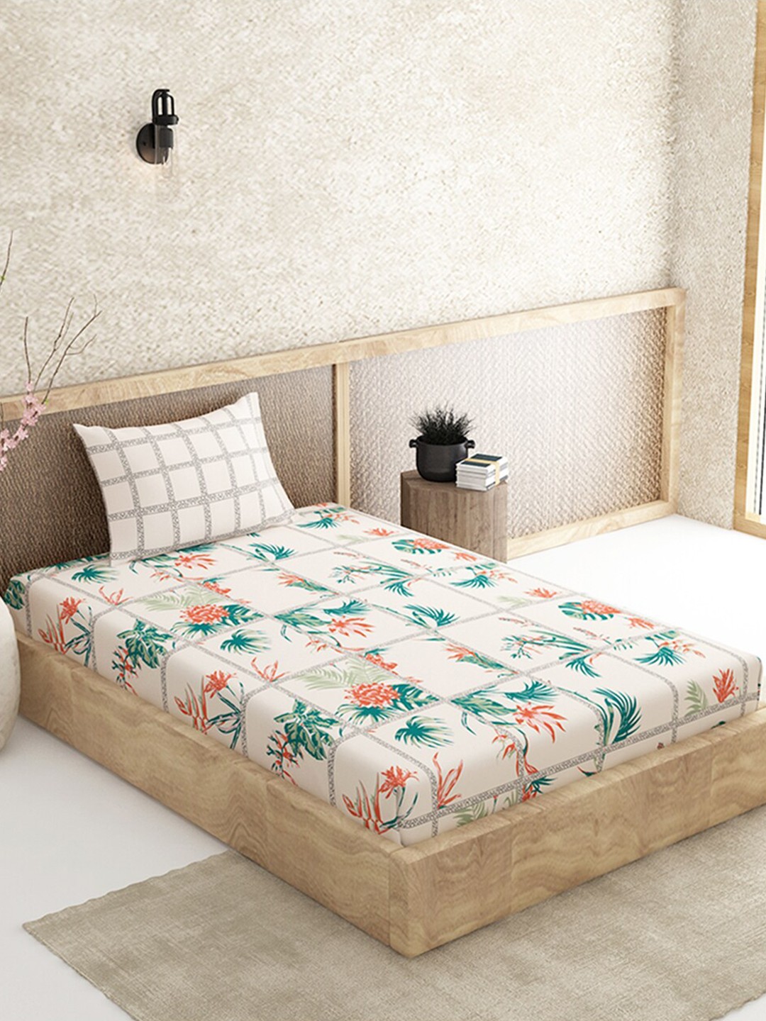 

Duroflex Cream & Green Floral 144 TC Cotton Single Bedsheet with 1 Pillow Covers
