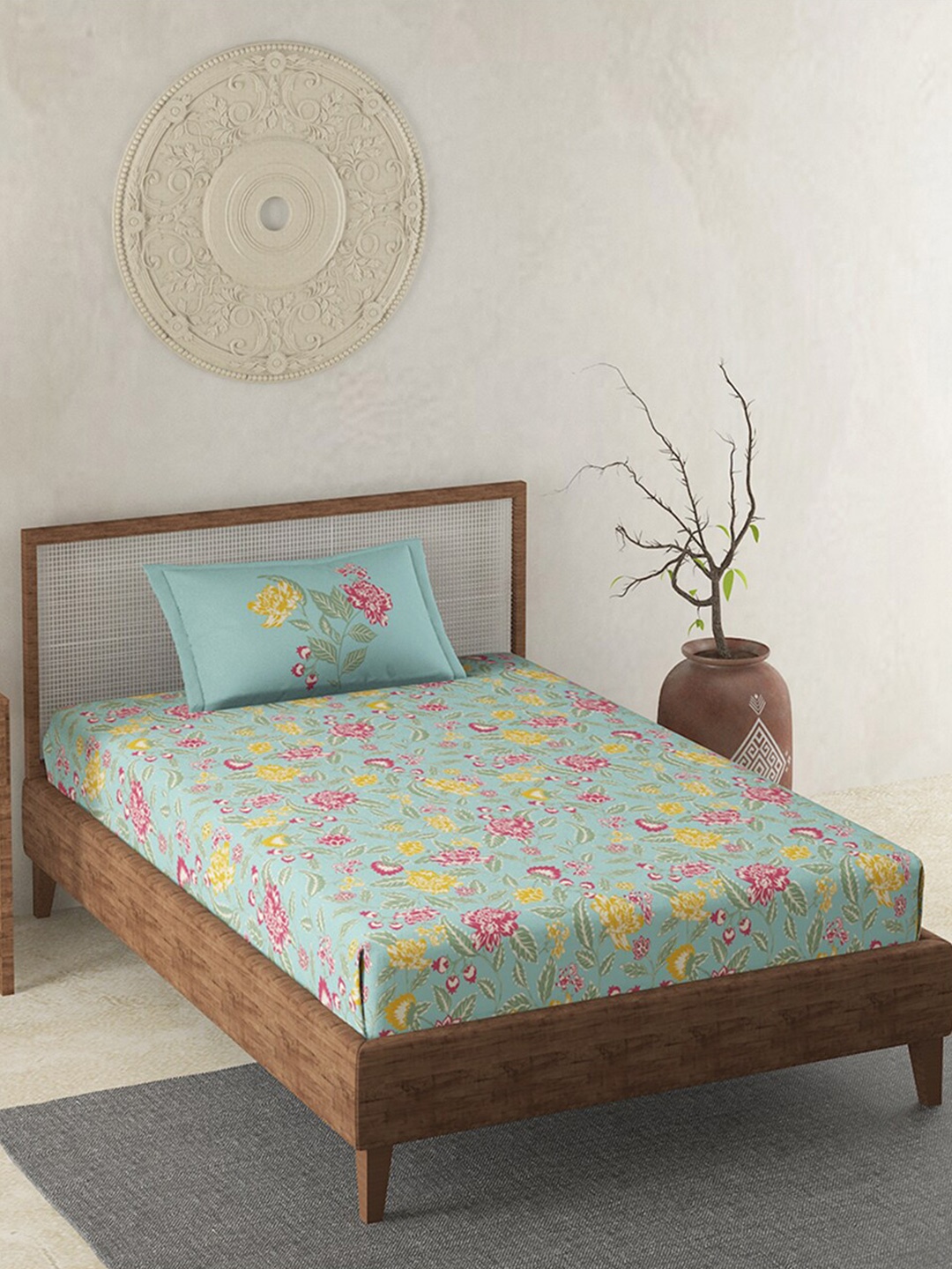 

Duroflex Teal & Pink Floral 120 TC Pure Cotton Single Bedsheet with 1 Pillow Covers