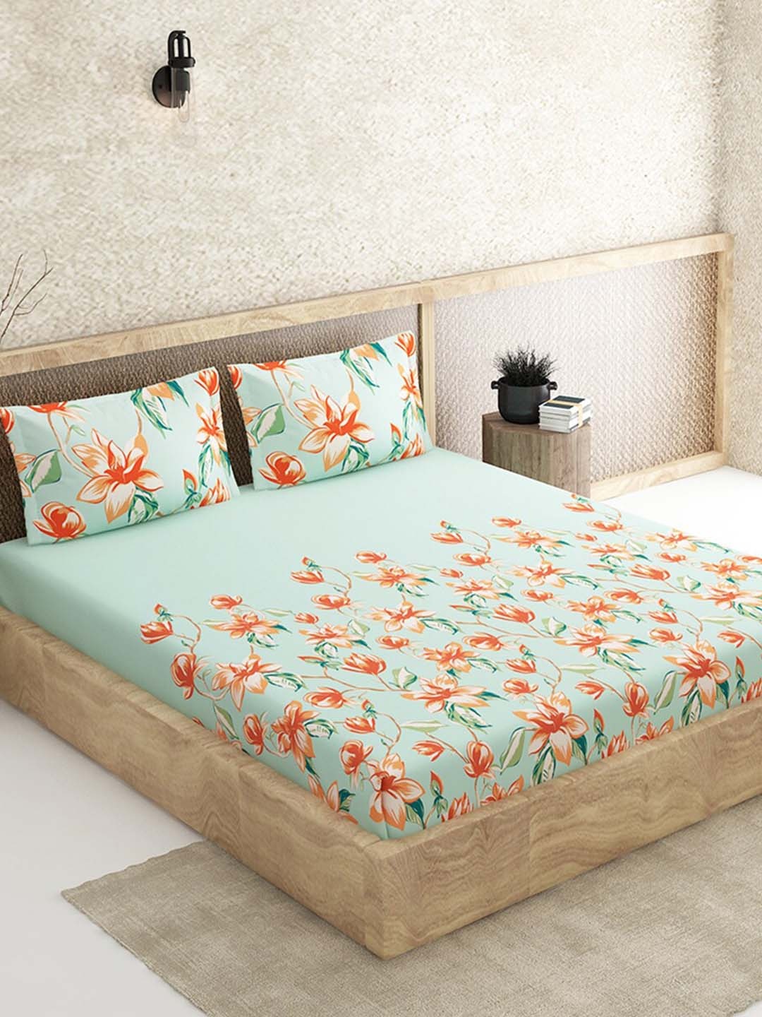 

Duroflex Teal Green & Orange 144 TC Cotton King Bedsheet with 2 Pillow Covers