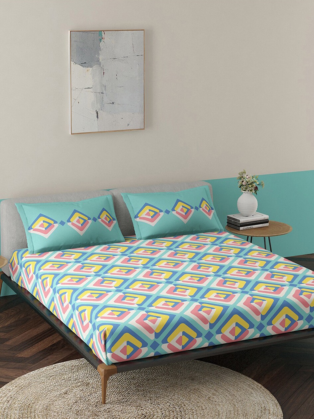

Duroflex Teal & Pink Geometric 144 TC Queen Bedsheet with 2 Pillow Covers