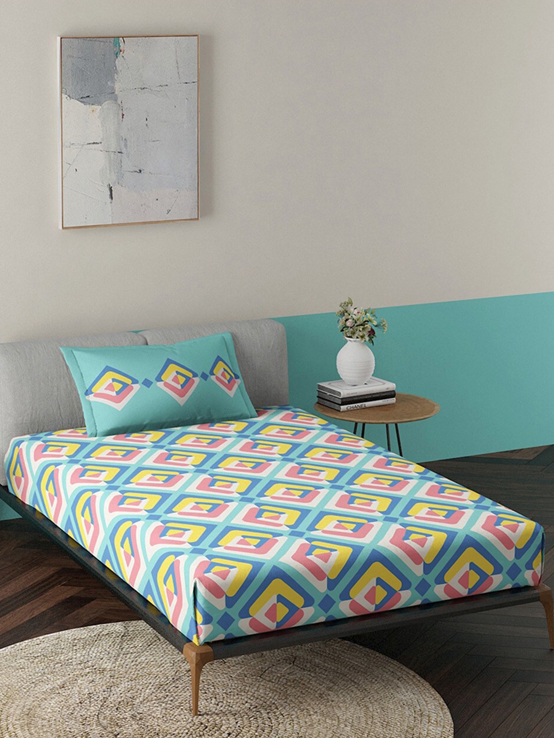 

Duroflex Teal & Pink Geometric 144 TC Single Bedsheet with 2 Pillow Covers