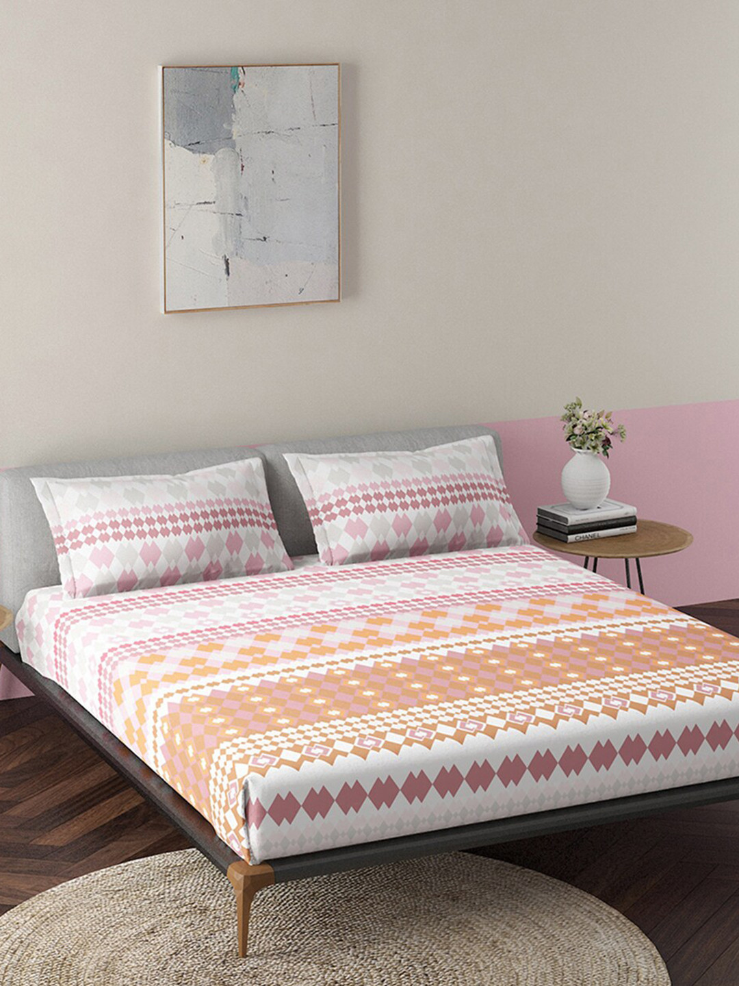 

Duroflex Red & Off White Geometric 144 TC Pure Cotton King Bedsheet with 2 Pillow Covers