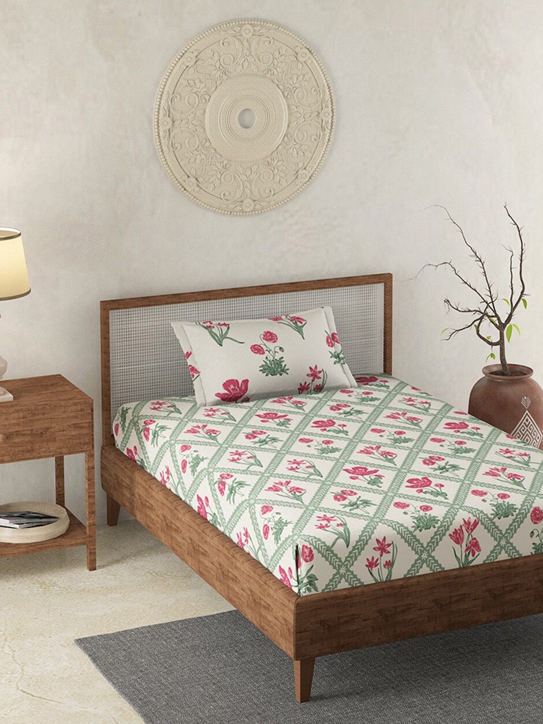 

Duroflex Cream-Coloured & Green Floral 120 TC Cotton Single Bedsheet with 1 Pillow Cover