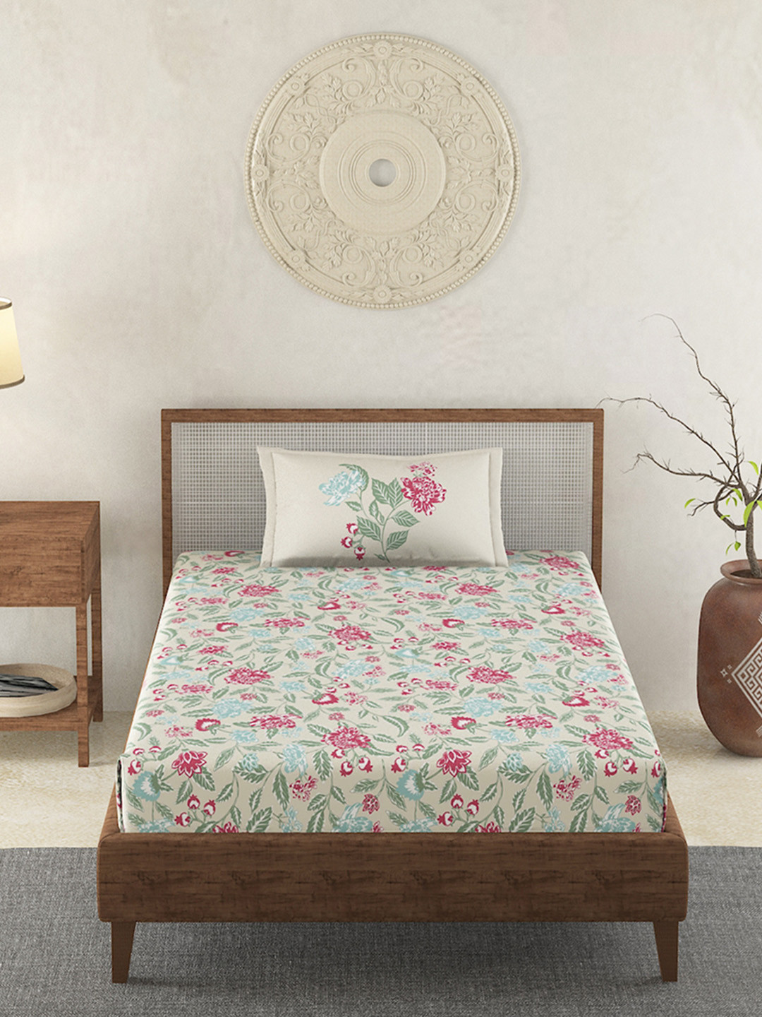 

Duroflex White & Red Floral 120 TC Single Bedsheet with 1 Pillow Covers