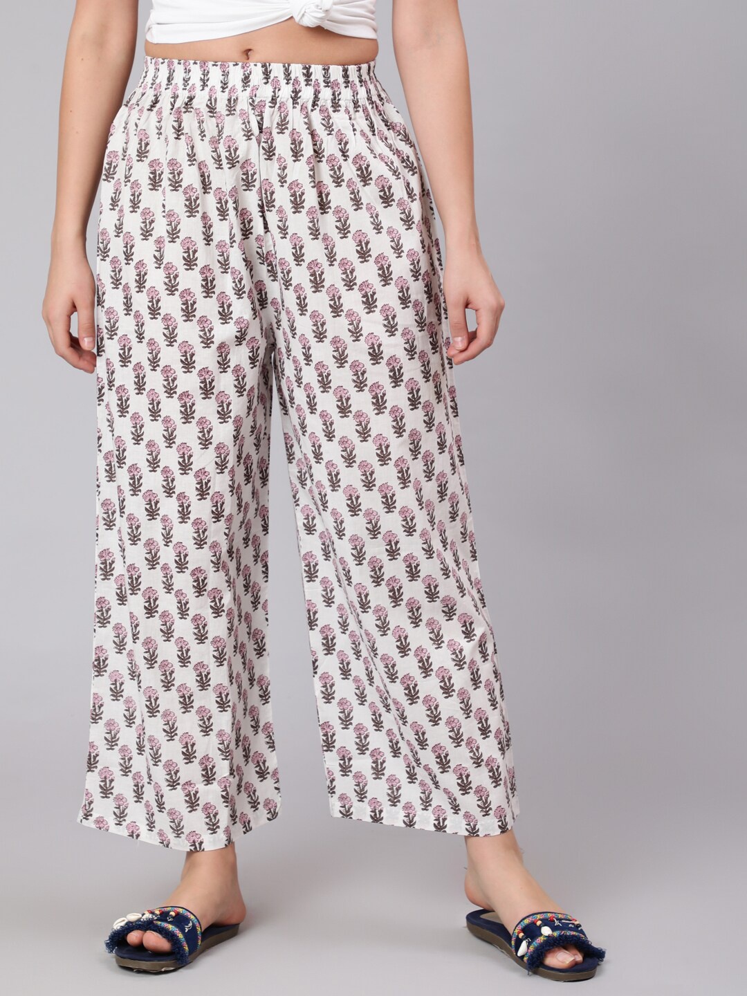 

Nayo Women White & Purple Floral Printed Ethnic Palazzos