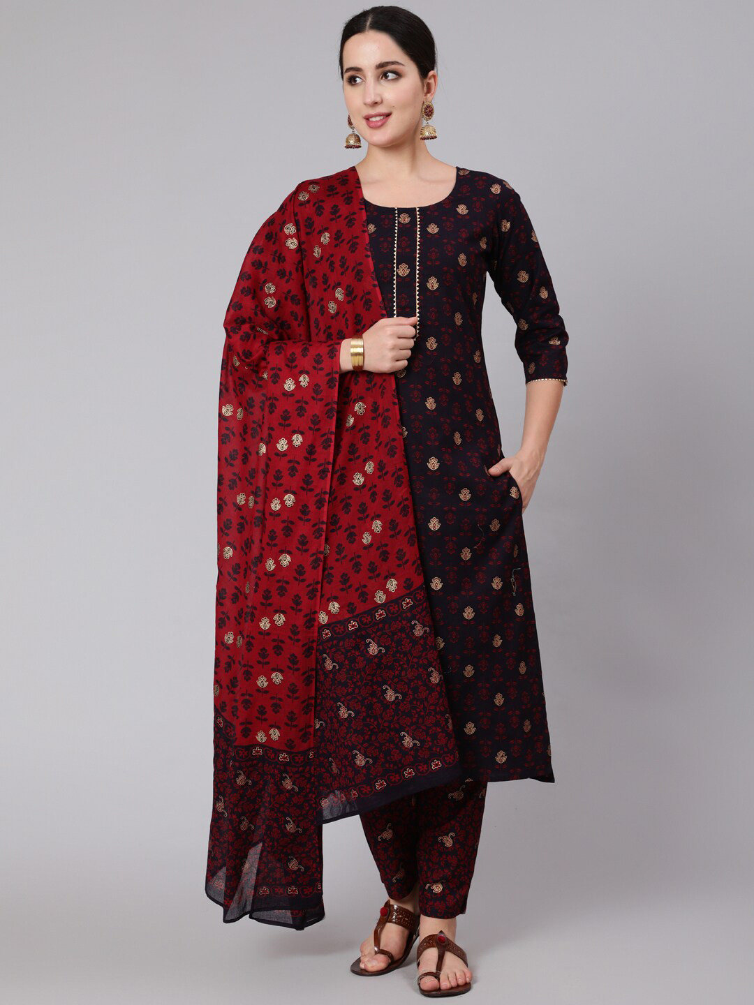 

Nayo Women Black & Red Printed Pure Cotton Kurta with Palazzos & With Dupatta