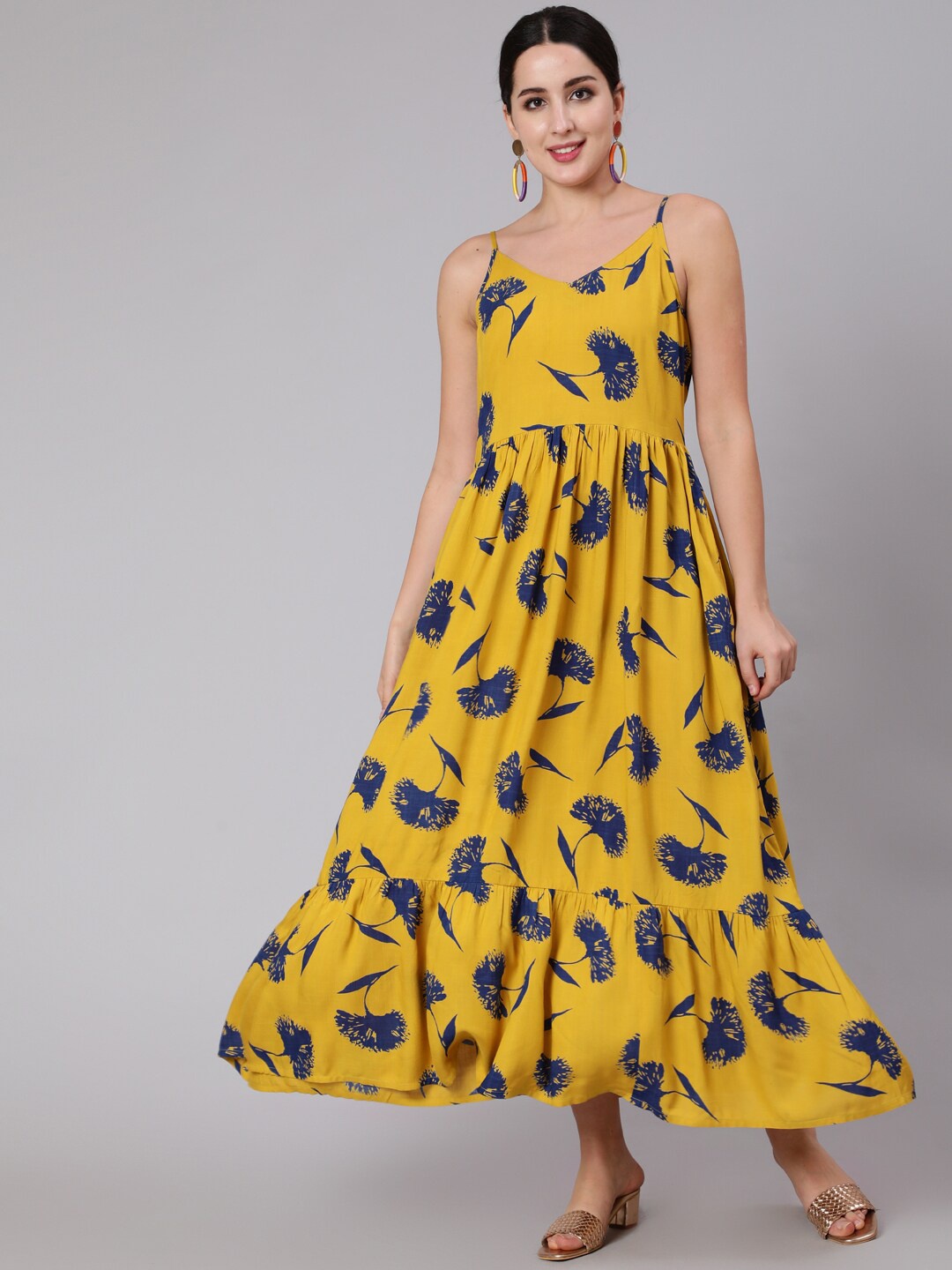 

Nayo Yellow Tropical Printed Gathered Detail A-Line Dress