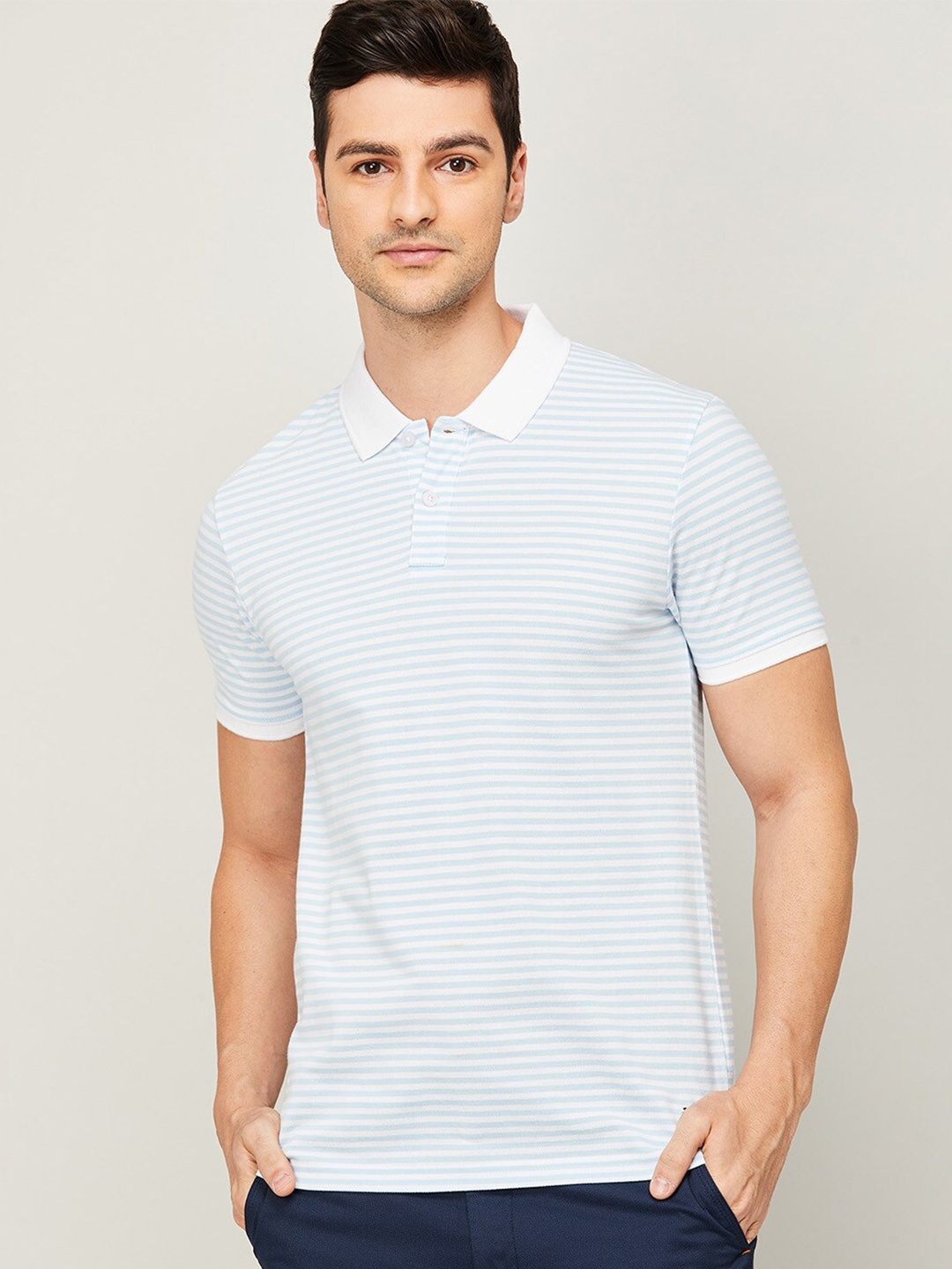 

CODE by Lifestyle Men White & Blue Striped Polo Collar T-shirt