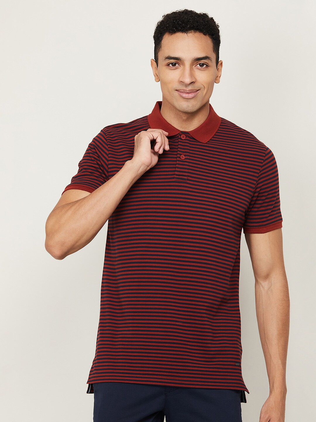 

CODE by Lifestyle Men Brown Striped Cotton Polo Collar T-shirt
