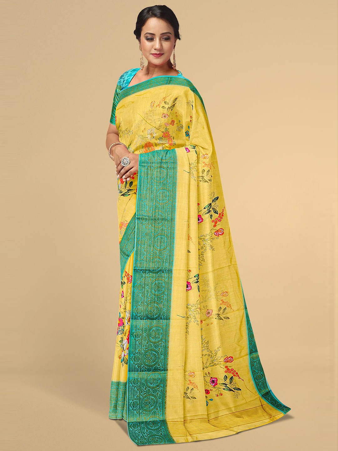 

Kalamandir Yellow & Green Floral Silk Blend Saree